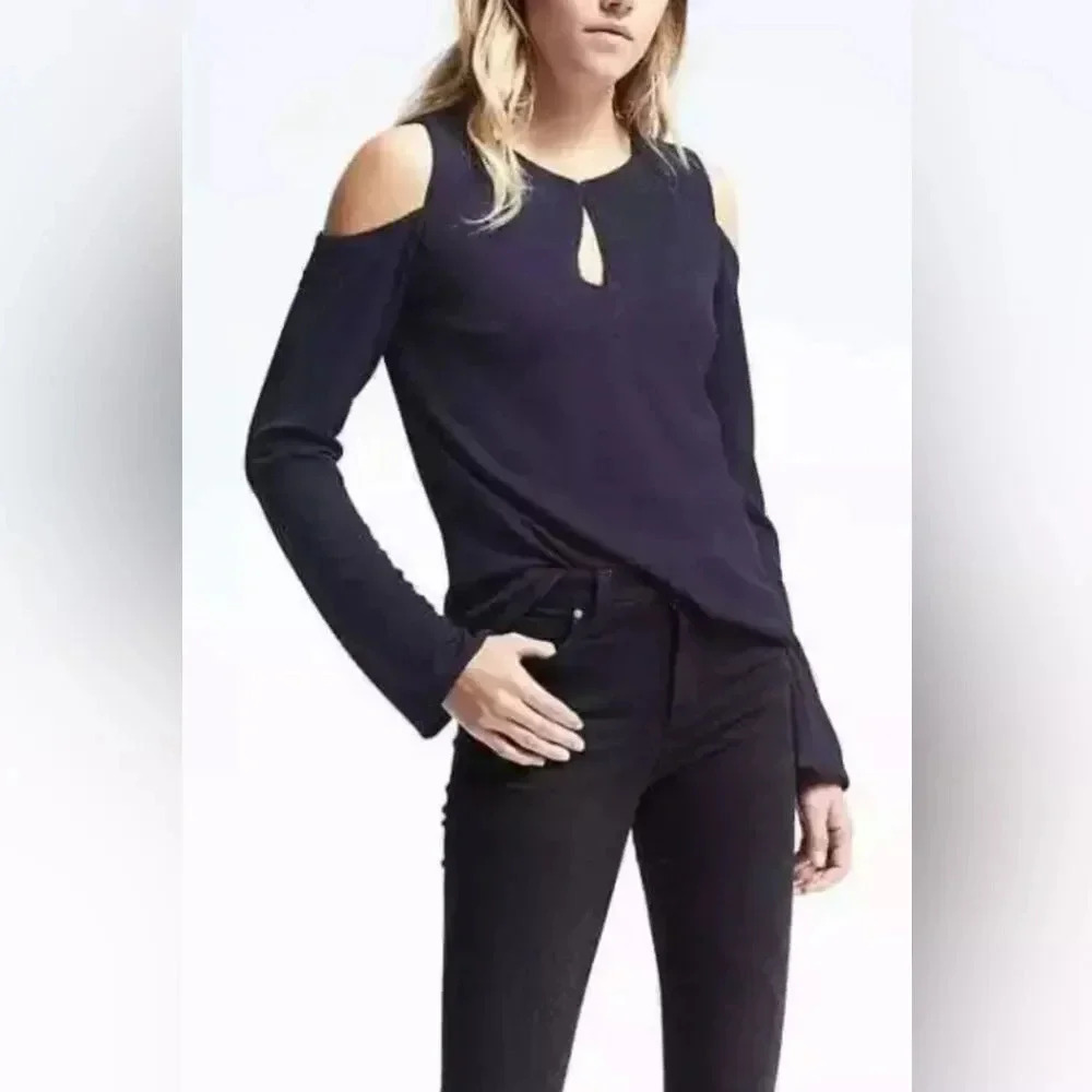Banana Republic Women’s Navy Blue Medium Crepe Cold Shoulder Keyhole Top